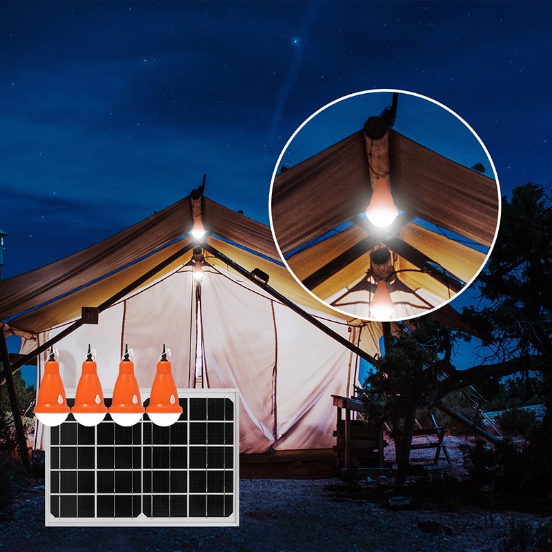 Sistem pentru iluminat cu becuri 4x16 LED-uri, panou solar 5V/10W si telecomanda Breckner Germany